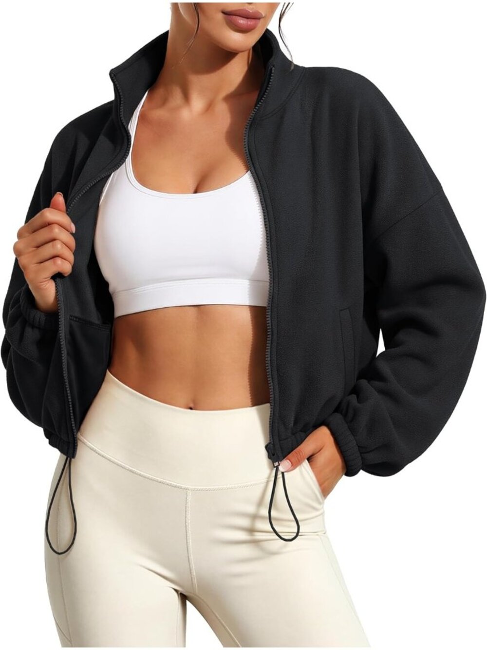 Women’s Black Long Sleeve Cropped Sherpa Full ZIP Collar Fleece Jacket